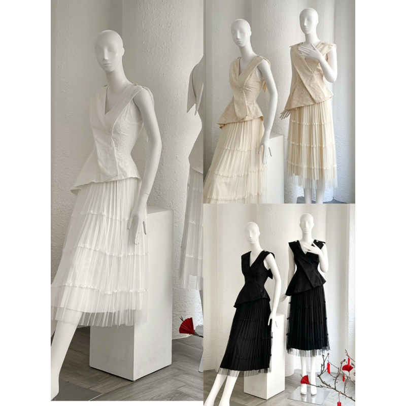 Set áo ren peplum nhẹ chân váy xoè