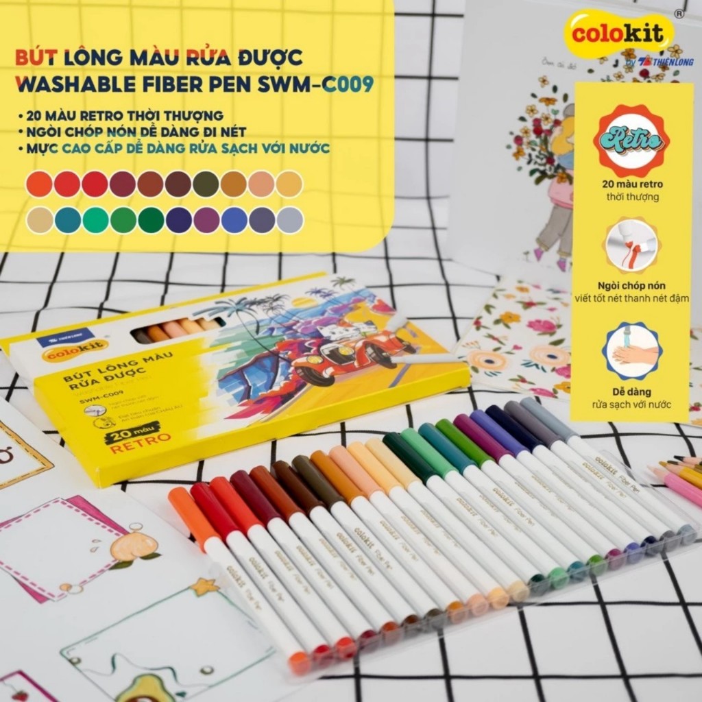 Bút lông 20 màu Fiber Pen Retro TL Colokit SWM-C009 - màu rửa được - viết nét thanh nét đậm