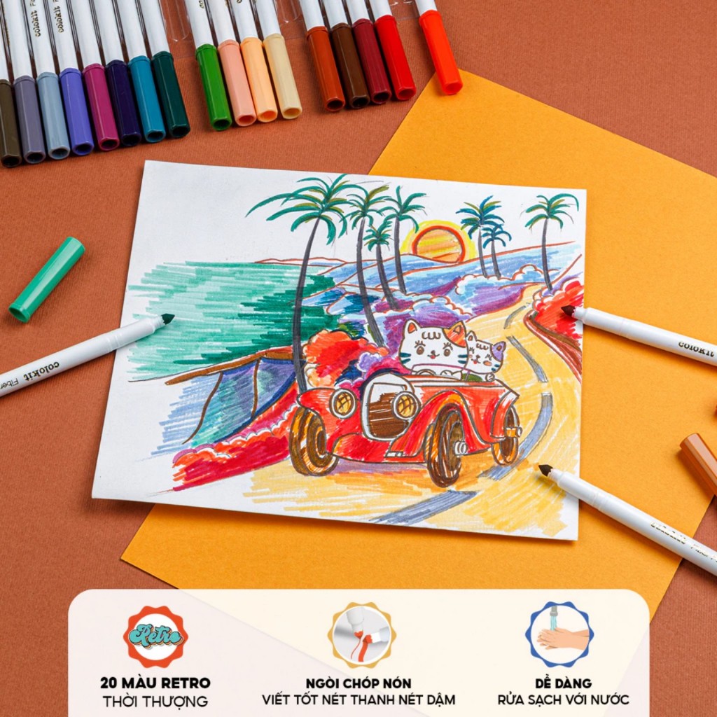 Bút lông 20 màu Fiber Pen Retro TL Colokit SWM-C009 - màu rửa được - viết nét thanh nét đậm