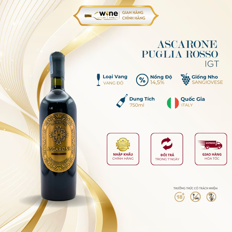 Rượu vang đỏ Ý Ascarone Puliga Rosso chính hãng nhập khẩu 750ml nồng độ cồn 14,5% ngọt tự nhiên Rượu Vang Sài Gòn