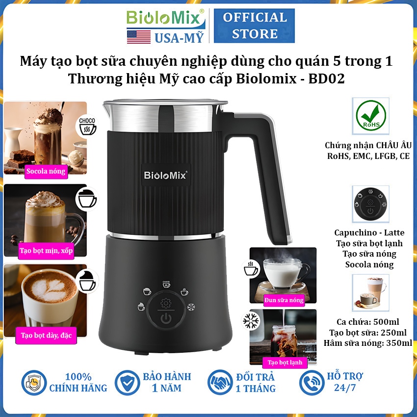 Máy tạo bọt sữa chuyên nghiệp Biolomix BD02 - 5 chế độ, dung lượng 350ml, công suất 500W