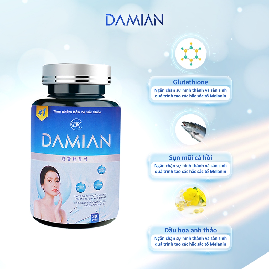 Combo 2 lọ Viên Uống Damian giảm 50k  - Viên Uống Trắng Da, Làm mờ thâm nám, tàn nhang, dưỡng trắng da