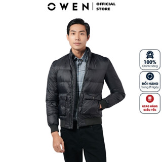 Áo Khoác Phao Nam Owen JK220711 Jacket Dáng Suông Không Mũ Cổ Đứng Bo Tay và Gấu Màu Đen Trơn Vải Polyester Cao Cấp