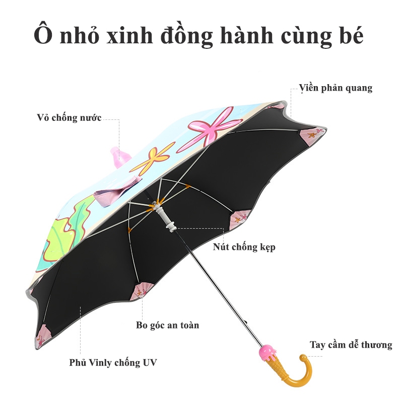 Ô Dù Cán Dài Tặng Kèm Còi Có Viền Phản Quang Bo Góc An Toàn Cho Bé Gái Và Bé Trai, Ô Dù Cao Cấp Siêu Nhẹ