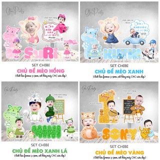 Set chibi mèo thôi nôi sinh nhật bé trai bé gái