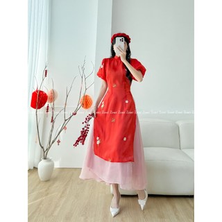 Set áo dài cách tân đỏ phối chân váy tơ hoa thêu đỏ thiết kế ZOMI Z046