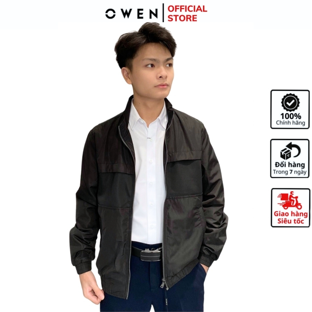 Áo khoác gió Nam Owen JK220708 jacket nhẹ 2 lớp màu đen trơn vải polyester cao cấp dáng suông cổ đứng bo tay và gấu