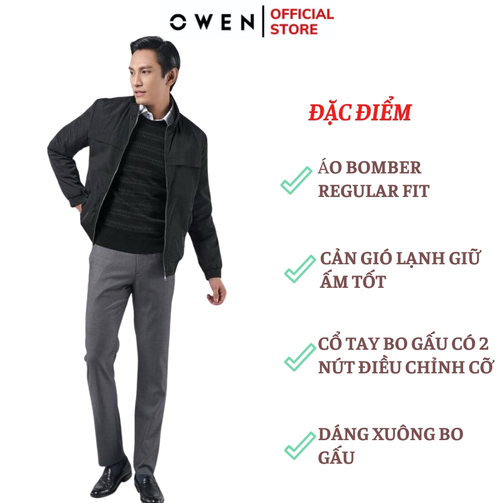 Áo khoác gió Nam Owen JK220708 jacket nhẹ 2 lớp màu đen trơn vải polyester cao cấp dáng suông cổ đứng bo tay và gấu