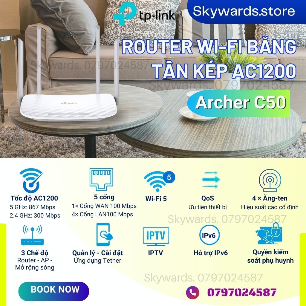 Bộ Phát Wifi TP-Link Archer C50 Chuẩn AC 1200Mbps - SKYWARDS.STORE