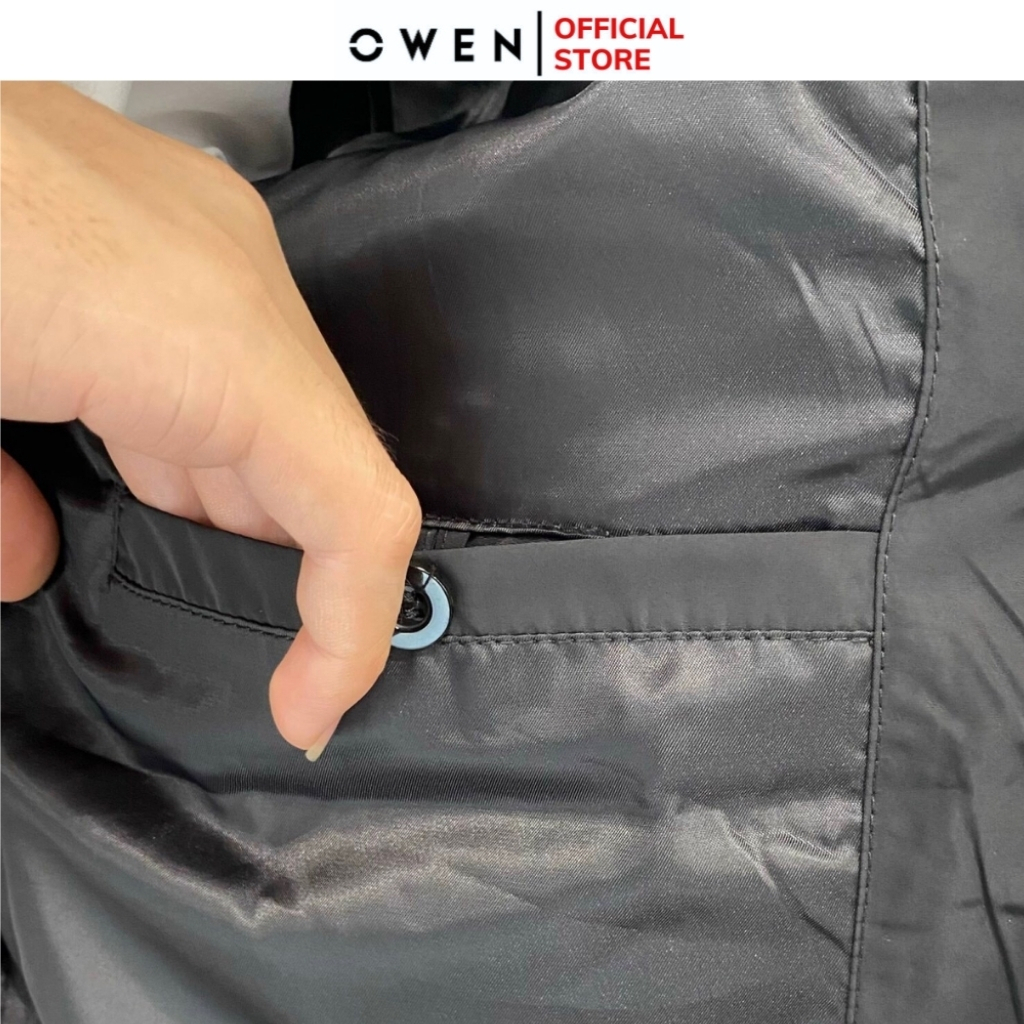 Áo khoác gió Nam Owen JK220708 jacket nhẹ 2 lớp màu đen trơn vải polyester cao cấp dáng suông cổ đứng bo tay và gấu
