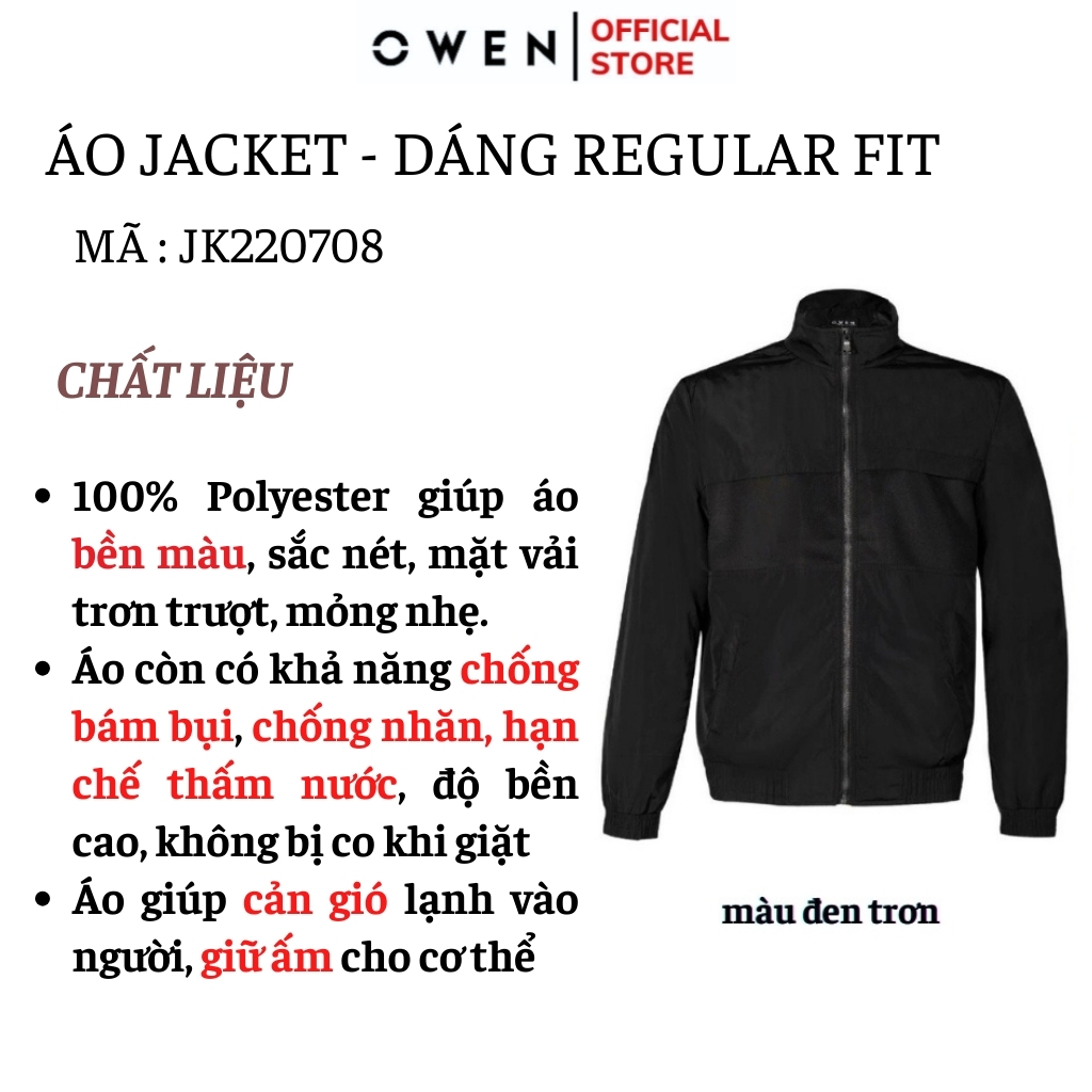 Áo khoác gió Nam Owen JK220708 jacket nhẹ 2 lớp màu đen trơn vải polyester cao cấp dáng suông cổ đứng bo tay và gấu