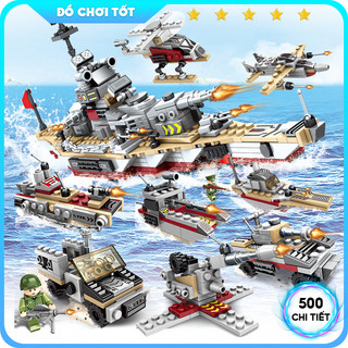 [502 Chi Tiết- Nhựa Sạch] Bộ đồ chơi Tàu Chiến hạm hải quân gồm Thuyền Thiết Giáp Hạm, Máy Bay