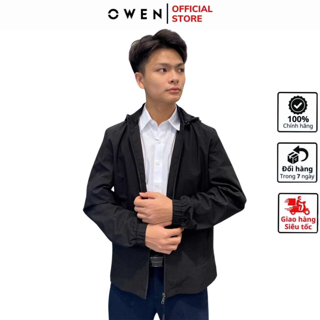Áo khoác gió nam Owen JK221555 jacket nhẹ 2 lớp màu đen vải polyester cao cấp dáng regular fit có mũ tay chun gấu suông