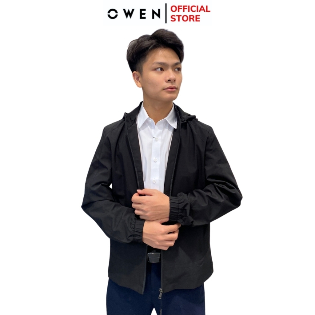 Áo khoác gió nam Owen JK221555 jacket nhẹ 2 lớp màu đen vải polyester cao cấp dáng regular fit có mũ tay chun gấu suông