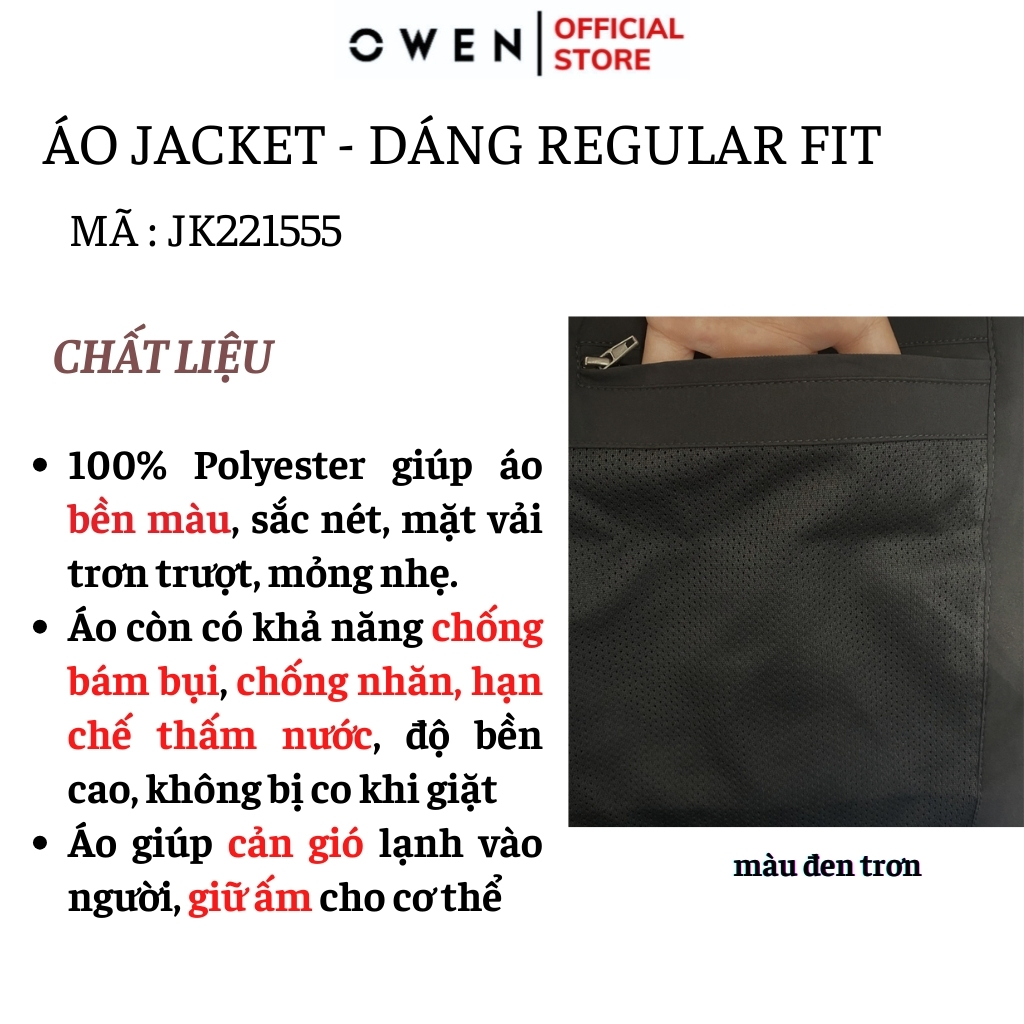 Áo khoác gió nam Owen JK221555 jacket nhẹ 2 lớp màu đen vải polyester cao cấp dáng regular fit có mũ tay chun gấu suông