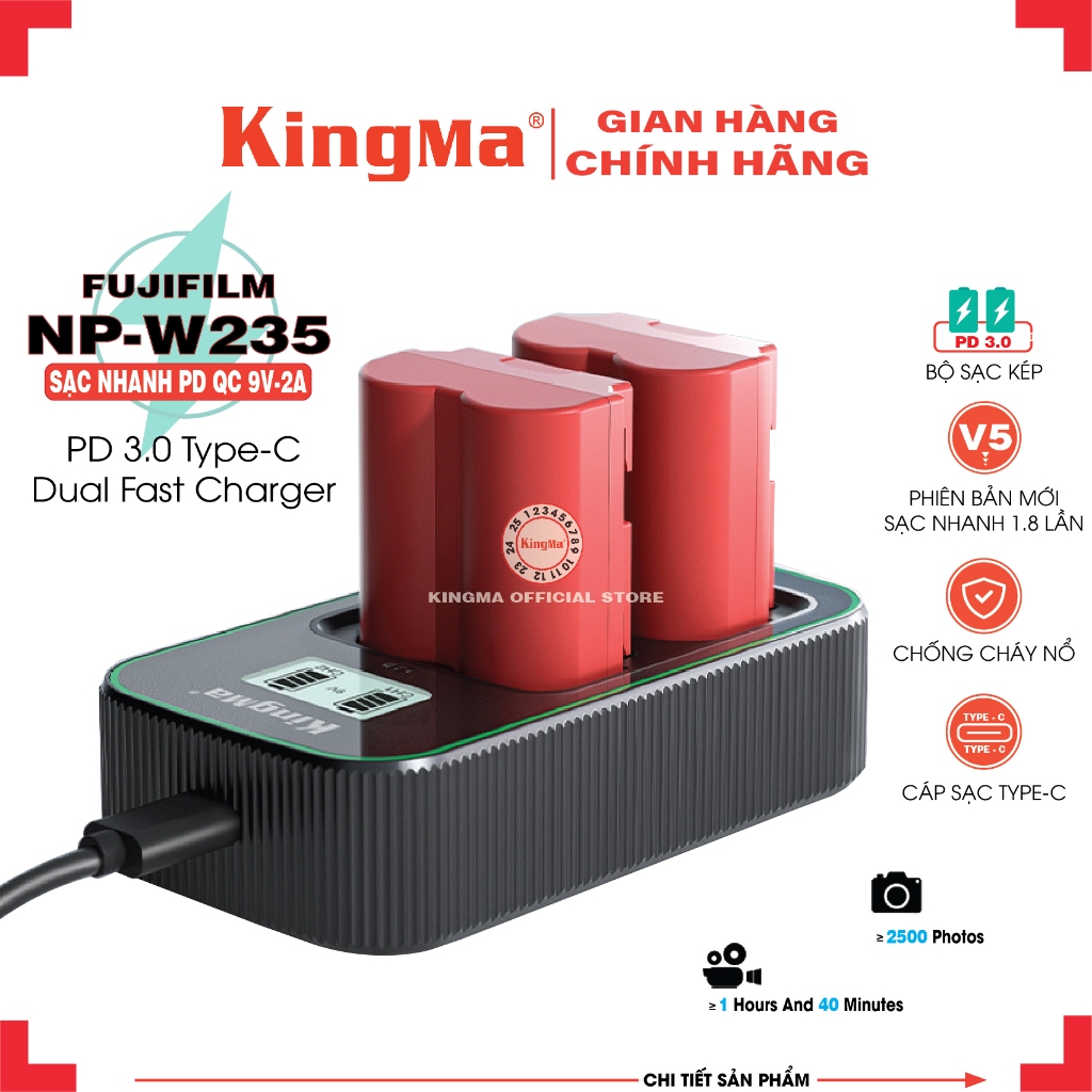 Bộ 2 Pin Và Sạc Đôi KingMa NP-W235 . Sạc Nhanh Gấp 1.8 Lần Cho Fujifilm X-T4/XT-5 . Bảo Hành 12 Tháng Lỗi ( Đổi Mới )