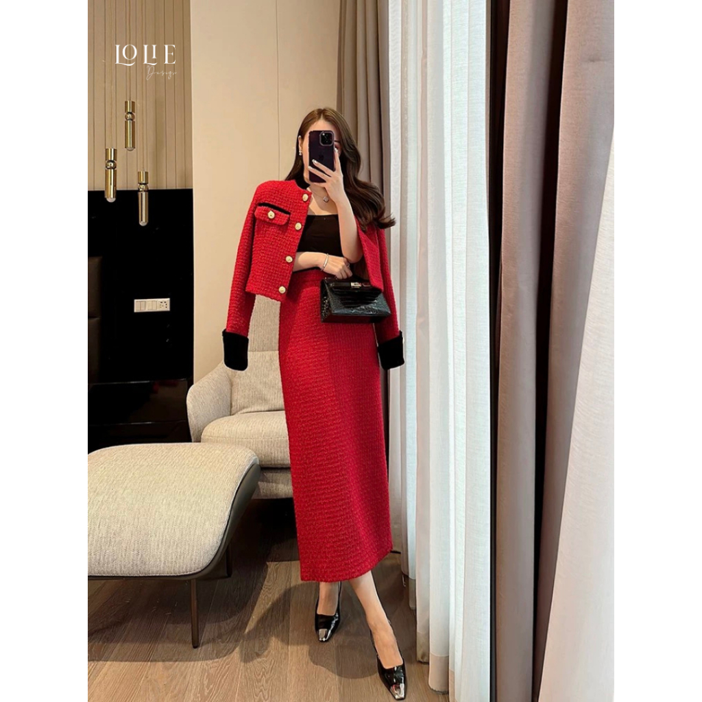 Set dạ text tàu nữ (gồm áo mix chân váy)- S672 - Design by  LOLIE