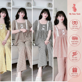 Bộ áo cộc quần dài cổ vuông mặc bầu kết hợp sau sinh, bộ bầu cổ kẻ caro phối ren cổ có nơ