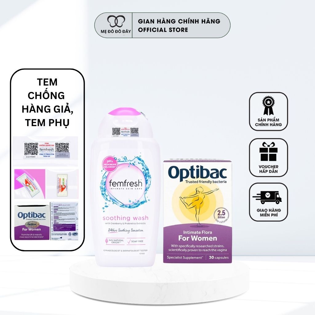 Mẹ Đô Đô Đây Combo ngừa bệnh phụ khoa Optibac Tím, Dung Dịch Vệ Sinh Femfresh Hồng, Nhập Khẩu Chính 