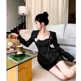 BIGSIZE HIẾU HIẾU (55-95KG) - Set váy 2 dây cúp + áo khoác ngoài tay dài có gắn kèm tag hoa