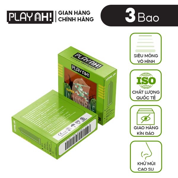 Bao Cao Su PlayAh Super Invisible Siêu Mỏng Hộp 3cái size 52mm, nhiều gel