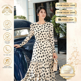Đầm hoa công sở dáng suông xoè có dây đai eo rời OLIVIA STORE chất lụa sơ mi Hàn Quốc mềm mướt cao cấp