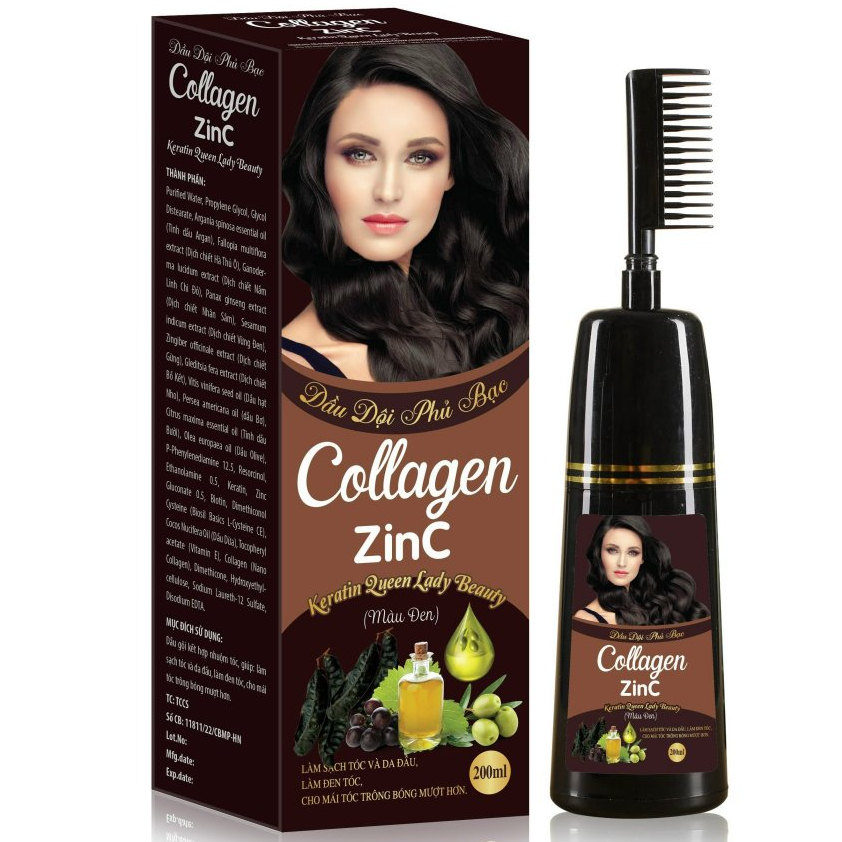 Dầu gội phủ bạc Màu Đen - Dầu gội phủ bạc COLLAGEN ZINC|Sun Hair Collagen Nano ORGANIC [ 200 ml chính hãng]