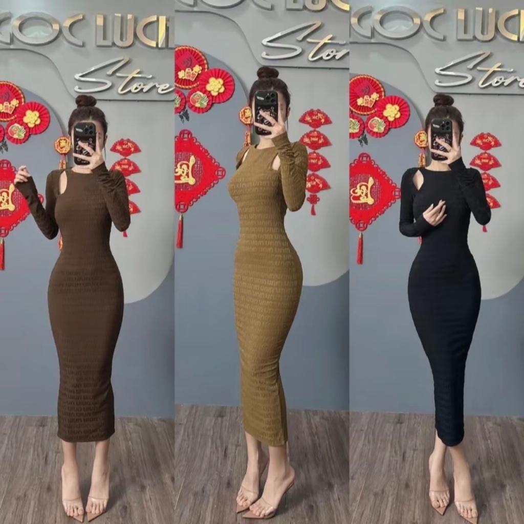 D575 - Đầm Body Tay Dài Khoét Vai Basic