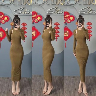 D575 - Đầm Body Tay Dài Khoét Vai Basic