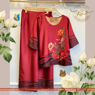 Sét bộ lụa trung niên cao cấp hoa văn hoạ tiết đính đá màu sắc nổi bật sang trọng Bigsize quần dài 90cm
