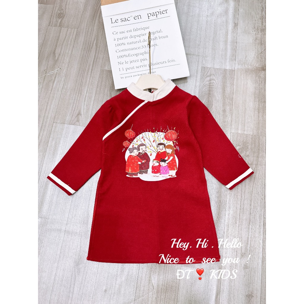 Áo dài cách tân nhung chéo phối đỏ trắng cho bé trai 8-28kg
