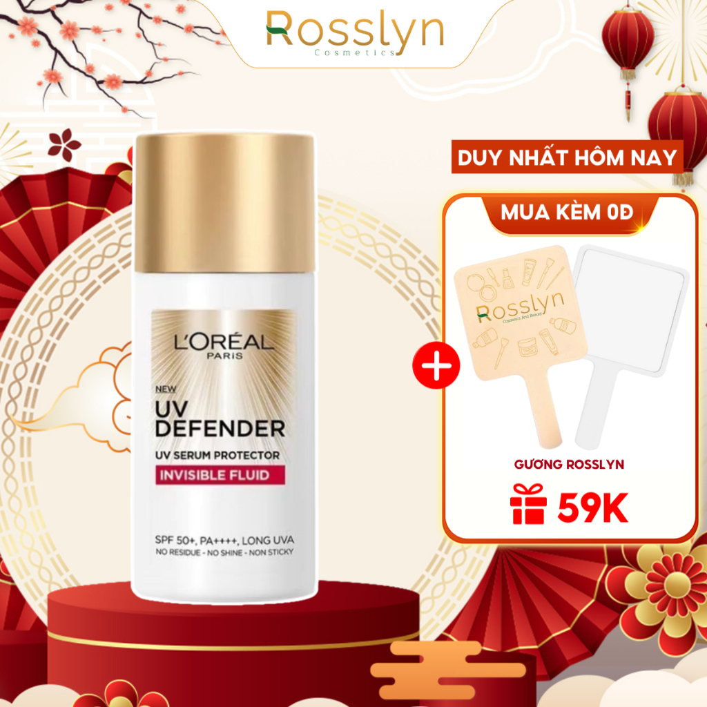 Kem Chống Nắng L'Oreal Paris  Defender Serum Invisible Fluid SPF 50+ Siêu Mỏng Nhẹ Và Thoáng Mịn UV 50ml Rosslyn