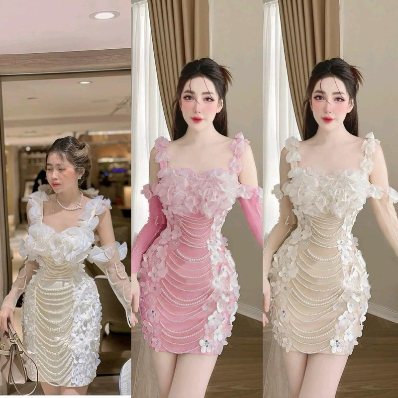 đẩy body tay rót đính hoa kết cườm dự tiệc