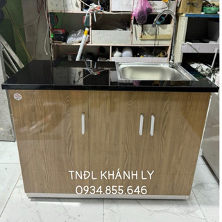 Tủ bếp nhựa màu gỗ vàng bồn rửa đơn 1m05 cao80 vòi,mặt bếp gạch đá và dán che viền gạch Freeship HCM Có lắp đặt