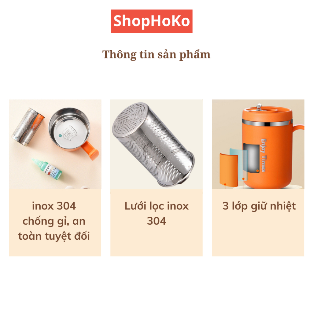 Cốc Giữ Nhiệt  EnJoy ShopHoKo Pha Cafe Pha Trà inox 304 Tặng ống hút Lọc Trà