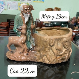 Chậu tượng ông lão và nai gốm bát tràng cao 22cm miệng chậu 19cm