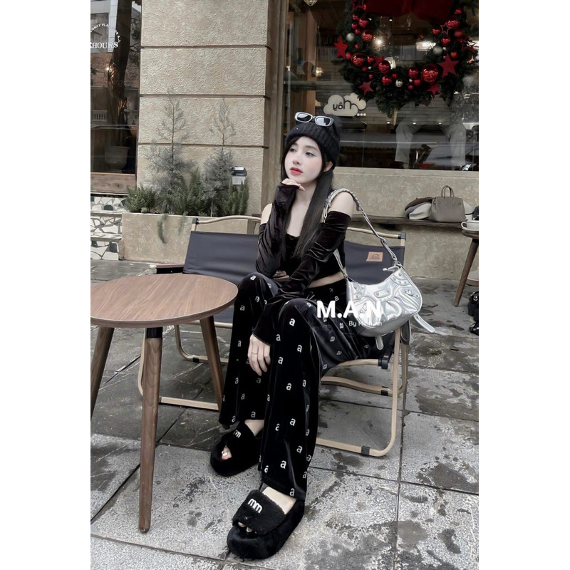 Set áo trễ vai + quần nhung chữ A xuông hot💢⚠️