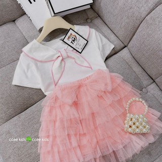 Set áo cotton phối chân váy xếp ren cho bé gái