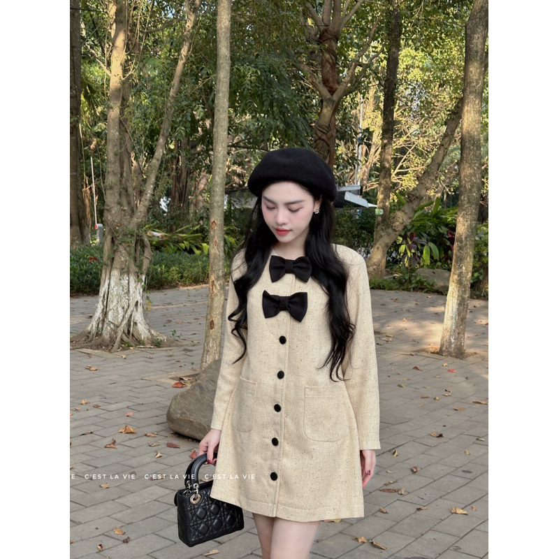 Váy tweed be phối nơ ngực C'est lavie