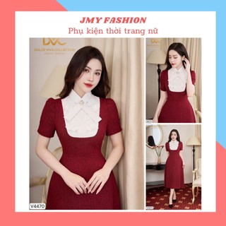V4470 Váy đỏ dáng A xòe dài cổ trắng nơ công sở đầm đỏ phối trắng dáng xòe tiểu thư