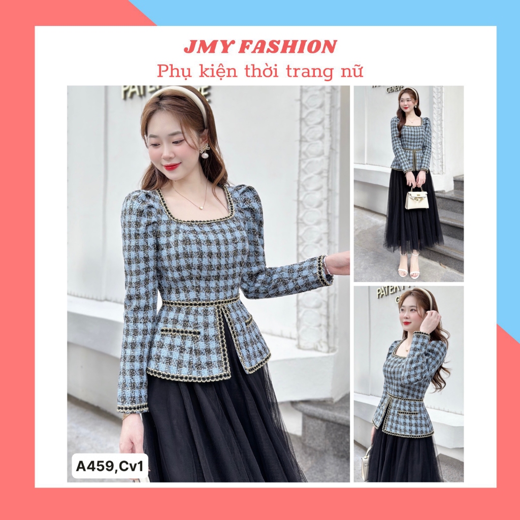 áo dạ tweed xanh, chân váy lưới xòe dài nữ tính