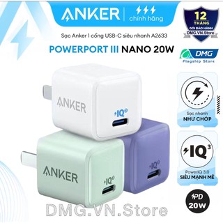 Củ sạc nhanh pd 20w anker a2633,cáp sạc a8632/a8633 usb-c to l,bảo hành 12t