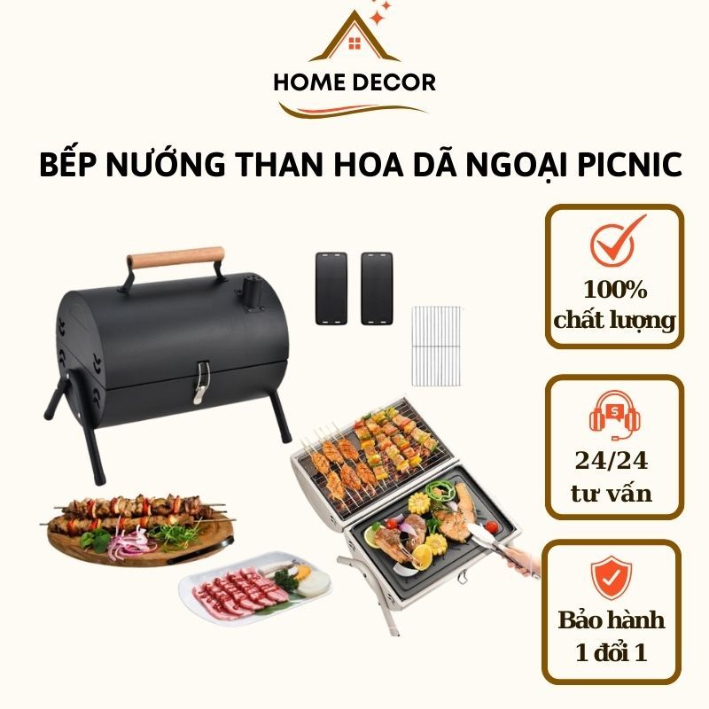 Bếp Nướng Than Hoa Dã Ngoại Ngoài Trời Chất Thép Không Gỉ, Kèm Vỉ Nướng Inox, Khay Đựng Than, Nướng Thịt Siêu Ngon