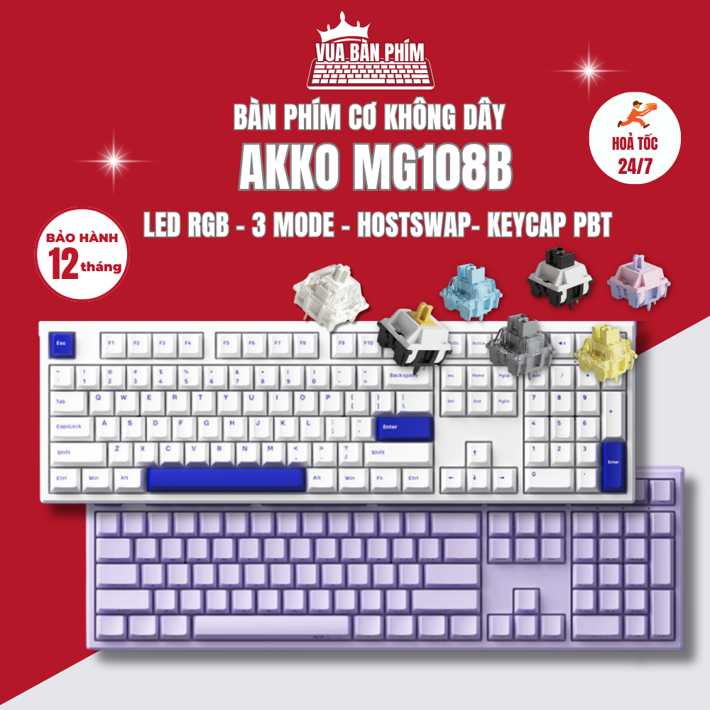 Bàn phím cơ không dây Akko MG108B 3 mode, led rgb, hostswap, layout 108 phím, keycap pbt, chính hãng bảo hành 12 tháng