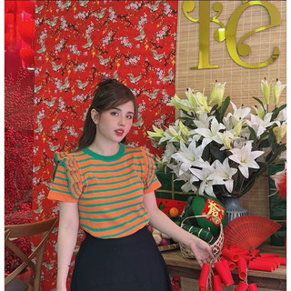 Áo len kẻ sọc mongtoghi bèo vai cộc tay cổ tròn