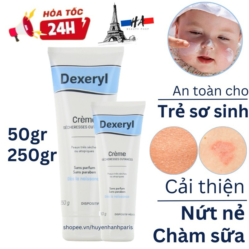 Kem nẻ Dexeryl Creme Pháp dưỡng ẩm, hỗ trợ da nứt nẻ, chàm sữa, mẩn ngứa rôm sảy cho trẻ sơ sinh, người lớn 50g 250g