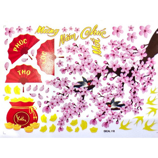 Decan Hoa mai - hoa đào - em bé áo dài - Lân - bánh chưng - dưa hấu dán kiếng dán tường phụ kiện trang trí tết