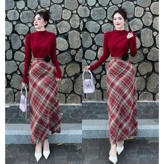 BIGSIZETIX Set áo cổ lọ tày dài kèm chân váy đuôi cá hoạ tiết caro màu đỏ xinh xắn 50-90kg