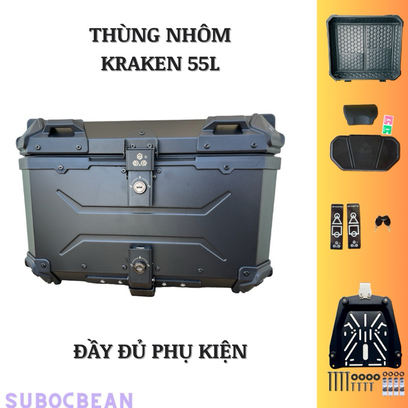 Thùng Nhôm Xe Máy 45L 55L Raptor, DuHan, Kraken Đầy Đủ phụ kiện Đế, Lót Thùng, Tựa lưng, Phản Quang