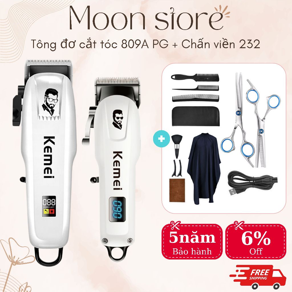 Tông Đơ Cắt Tóc Gia Đình Chấn Viền Không Dây Kemei Chính Hãng, Tăng Đơ Tóc Gia Đình Màn Hình Led Hiển Thị Pin